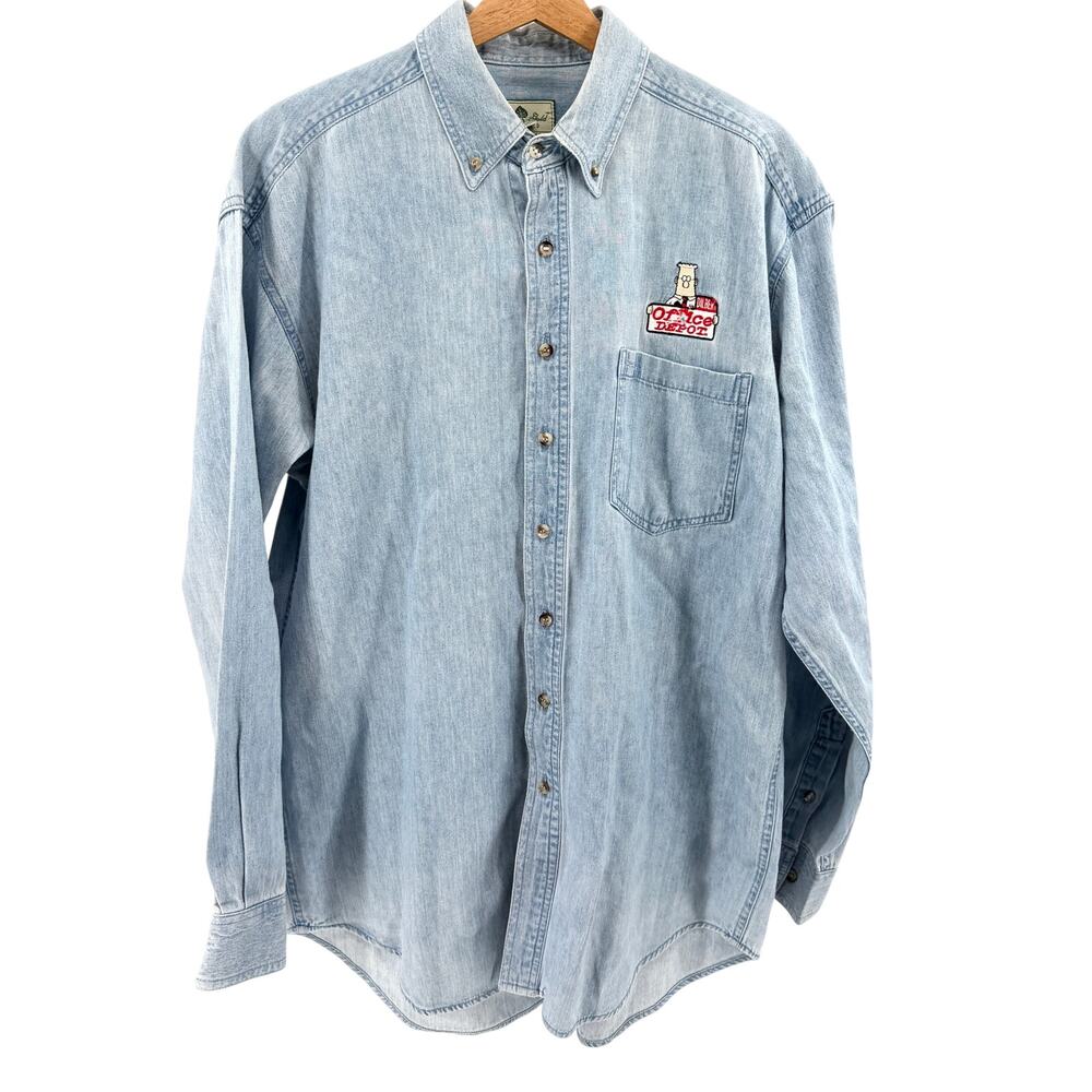 Vintage 90s Dilbert Office Depot Embroidered Oversized Denim Button-Up Shirt